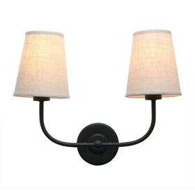 Y479-d Permo Vintage Double Sconce Matte Black 2-lights With Flared Funnel Linen Be