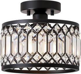 Sj240521001  Pevfah Black Metal Crystal Chandelier Ceiling Lamp Light Fixture Decor 1-light 9 Inch