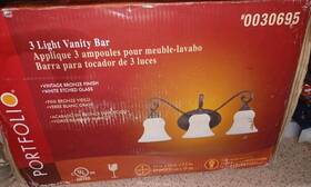 B23783 Portfolio New 3 Light Bathroom Vanity Bar Bronze White Etched Glass Wall Lighting Fixture