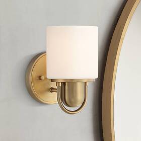 85369-bh1 Possini Euro Design Modern Wall Light Sconce Warm Brass Hardwired 4 3/4 Inch Fixture White Glass Bedroom
