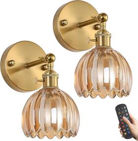 Yh8819-hp Povectolay Battery Operated Wall Sconce Set Of 2 With Amber Floral Glass Shade Vintage Wire