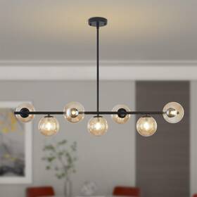 Pz-gc-007-ba Puzhi Home Mid-century Modern 7-light Linear Chandelier With Amber Glass Globes - Adjust Pz-gc-007-ba Puzhi Home Mid-century Modern 7-light Linear Chandelier With Amber Glass Globes - Adjust