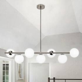 Pz-gc-007-bn Puzhi Home 38.5 Inch Brushed Nickel Chandelier With Milk Glass Globes 7-light Mid Century M
