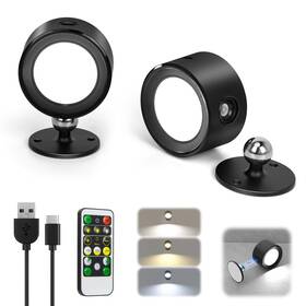 Racokky X120-2pcs Dimmable Led Wall Lights With Remote 3 Color Temperatures 360 Rotation 2 Pcs