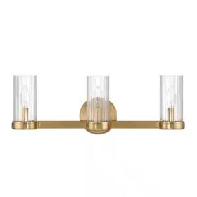Ec1524 Robert Stevenson Lighting 22 Inch Izzy 3-light Brushed Gold Metal Vanity Light With Clear Ribbed Glass Ob