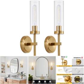 Santostock Hardwired Gold Wall 2 Sconces Set Of Modern Clear Glass Brushed Brass Bathroom