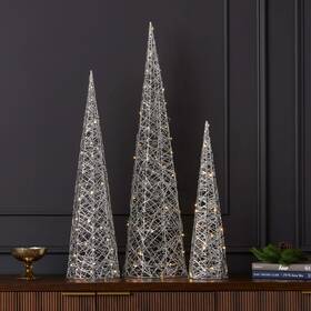 Seasonal Llc 810126265999 Metallic Silver 3pc Cone Set With Warm White Led Lights Battery-operated