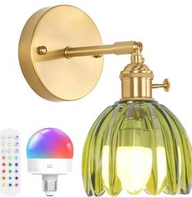 Shenmoyl 764481852540 Brass Battery Wall Sconce With Green Tulip Glass Shade And Remote