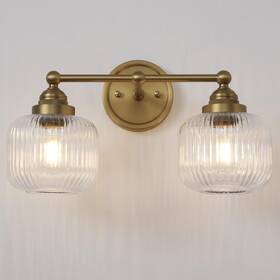 Sc-lwt345d Songcilt Vintage 2-lights Clear Ribbed Glass Wall Sconce Lighting Brass Finished Doub
