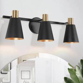 D7e2emhd24322fr Uolfin A04322 Black And Plated Gold 22 Inch 3-light Bell Powder Room Vanity Light