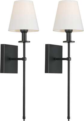 Verron 696566829287 Set Of 2 Slim Wall Sconces With White Fabric Shade Plug In Or Hardwired Indoor