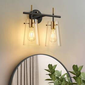 Vf25002wl-2l-bg Vifeey 2 Light Vanity Modern Tapered Glass Shade Black Gold Bathroom Wall Sconce