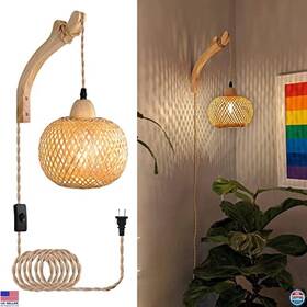 L03042-11-us Visit The Frideko Home Store Bamboo Wall Sconces Plug-in Rattan Lanterns Rustic Boho Lighting For