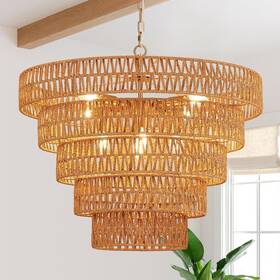 Widluth 726208090741 25.6 Inch Hand-woven Rattan Chandelier Light Fixture 8-light Vintage Farmhouse Ha