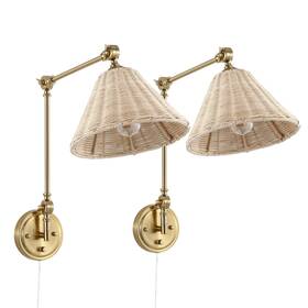 Wingbo 798056589685 Gold Rattan Swing Arm Wall Lamp Set Of 2 Adjustable