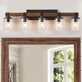 Xgbd0105lp Xgfourseven 5-light Rustic Bathroom Light Fixturefarmhouse Wood Vanity With Clear G