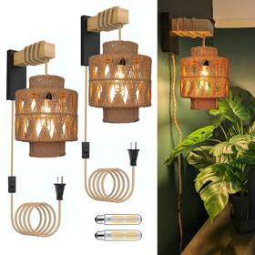 Bd-sz-2xx-2p Yiizon Bamboo Lantern Plug In Wall Sconcesset Of Two Wicker Lamp With Cord Hand