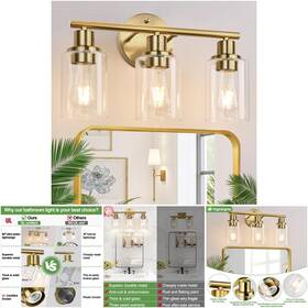 Zarbitta 3-light Gold Bathroom 3 Brushed Vanity Wall Mount Clear Glass Shade Lights