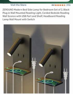 Zerouno 752811638735 Modern Bed Side Lamp For Bedroom Set Of 2 Black Plug In Wall Mounted Re