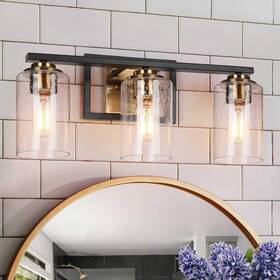Z-c7ruun63-4481 Zevni 20 Inch 3-light Modern Vintage Brass Bathroom Vanity Light Seeded Glass Black Bar