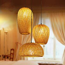 Zukayehome 797444535525 Bamboo Light Fixtures 3 Headlights E26 E27 Retro Rustic Wicker Rattan