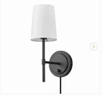 Hampton Bay Ridgeway Matte Black Plugin/hardwired Wall Sconce White Fabric Shade. Fixed Price $20.00.