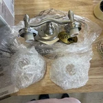 Hampton Bay 2 Light Vanity Fixture Brushed Nickel Finish & Etched Glass Shades. Fixed Price $56.00.