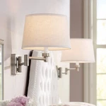 Modern Swing Arm Wall Lamps Set Of 2 Nickel Plug-in Fixture White Shade Bedroom. Fixed Price $247.98.