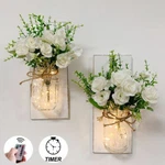 Set Of 2 - Rustic Wall Sconces With Flowers, Mason Jars, Led Lights, Remote. Fixed Price $26.99.
