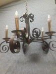 Late Century Artcraft Wrought Iron Strap Five Candle Led Bulbs 24"X18 Chandelier. Fixed Price $324.00.