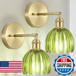Hardwired Wall Sconces Set Of 2, Vintage W/ Green Tulip Glass, Etl Certified. Fixed Price $79.13.