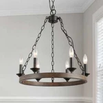 Lnc 6-LIGHT Black Wagon Wheel Chandelier, Farmhouse Style, Faux Wood Accents. Fixed Price $99.95.