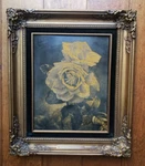 Vtg Ron Morano Metal Etching Rose Flower Gold Color Framed Art Glass Etched Zinc. Fixed Price $175.00.