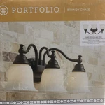 Portfolio, Dimmable Vanity Light Bar Oil-rubbed Bronze, Frosted Glass Shades. Fixed Price $49.95.