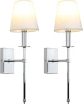 Rustic Industrial Wall Sconce Set With White Shade & Chrome Stand, Hardwired. Fixed Price $193.99.