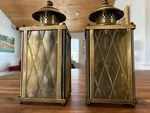 Two Vtg American Lantern Amber Diamond Glass Brass Wall Sconce Light Fixture. Fixed Price $125.00.