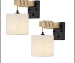 2 Boho Wall Sconces Set Of Two, Hardwired Farmhouse Fabric Lamps With Woode. Fixed Price $55.00.