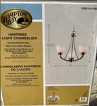 New Hampton Bay Hastings 3-LIGHT Brushed Steel Chandelier W/white Glass Shades. Fixed Price $27.00.