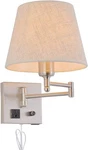 Bedside Wall Mount Light With Dimmable Switch And Outlet, Swing Arm Fabric Shade. Fixed Price $45.09.