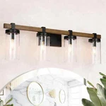 Lnc 29 In. 4-LIGHT Black & Faux Pine Wood Vanity With Seeded Glass Shades. Fixed Price $63.17.