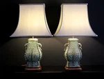 Mid Century Chinoiserie Style Cast Verdigis Bronze Table Lamps Attr James Mont. Fixed Price $1500.00.