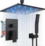 Matte Black Ceiling Mount Shower Faucet Set With 12" Led Rainfall Head. Fixed Price $283.99.