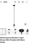 World Imports Bronzee Mini-pendant With Glass Shade. Fixed Price $40.00.