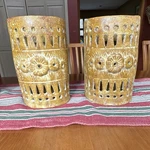 Yellow Ceramic Cylinder Wall Sconce Cover Geometric Pattern. Fixed Price $50.00.