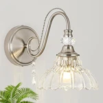 Brushed Nickel Wall Sconce Flower-shaped Glass Shade With Hanging Crystal Accent. Fixed Price $49.99.