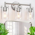 Indoi 3-LIGHT Brushed Nickel Bathroom Vanity Fixtures, Clear Glass Shad.... Fixed Price $64.61.