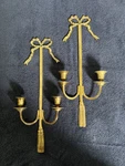 Vintage Frence Brass Candle Wall Sconces Bow Tassels 19". Fixed Price $125.00.
