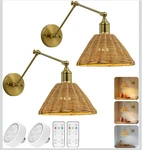 Battery Operated Wall 2 Pack, Gold Simple Rattan Sconce, Adjustable. Fixed Price $44.99.