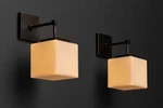 Pair Of Home Design Black Coated Brass & Cube Milk Glass Wall Sconce Lights. Fixed Price $1020.00.