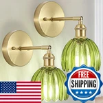 Hardwired Wall Sconces Set Of Two, Vintage Lights With Green Tulip Glass. Fixed Price $59.53.